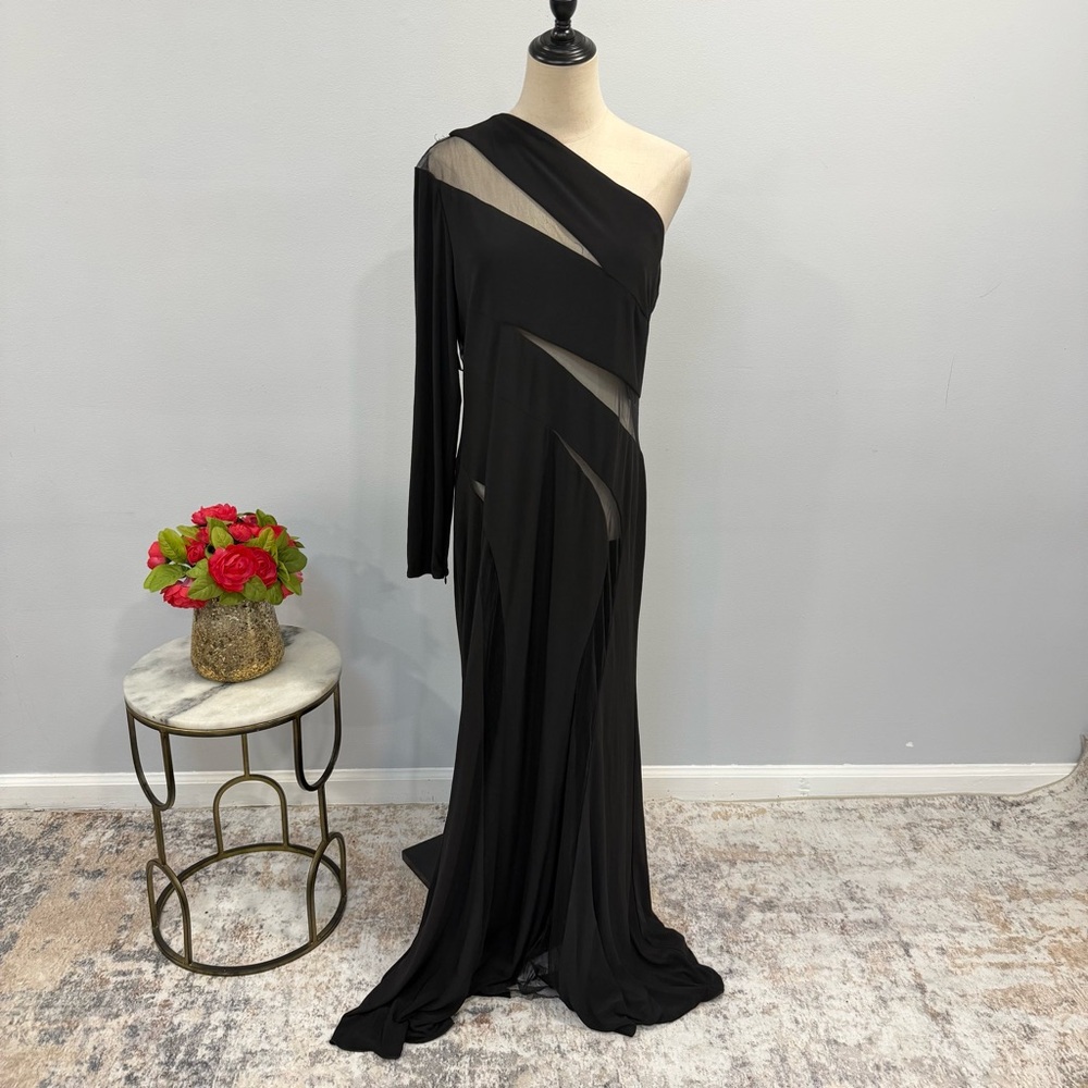 IEENA Mac Duggal Black One Shoulder One Sleeve Gown With Cutouts & Mesh Inserts